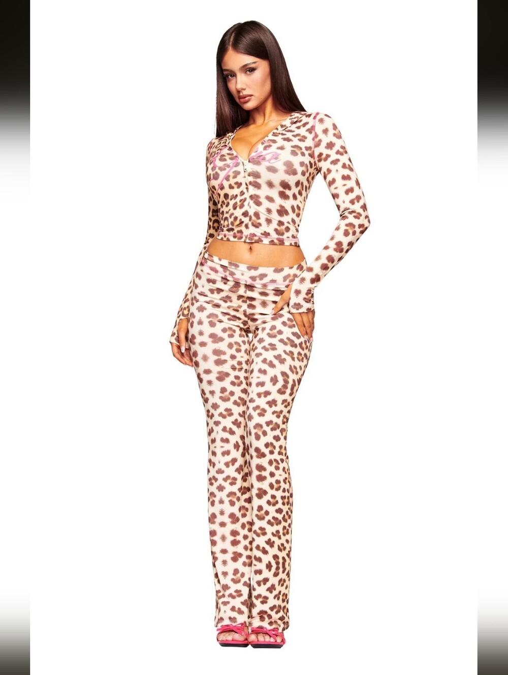 I.AM.GIA Leopard Zip-Front Crop Top and Pants Set in Cream and Brown